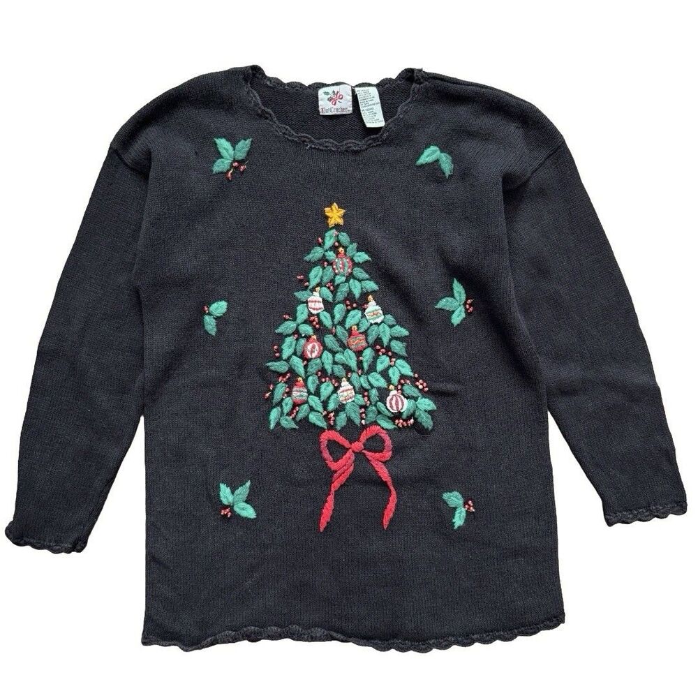 VTG 90s NutCracker Christmas Sweater Tree Embroidered Ornaments Beaded Size M
